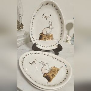 Rae Dunn White Rabbit "hop!" Easter Egg Shaped Plates - Set of 3